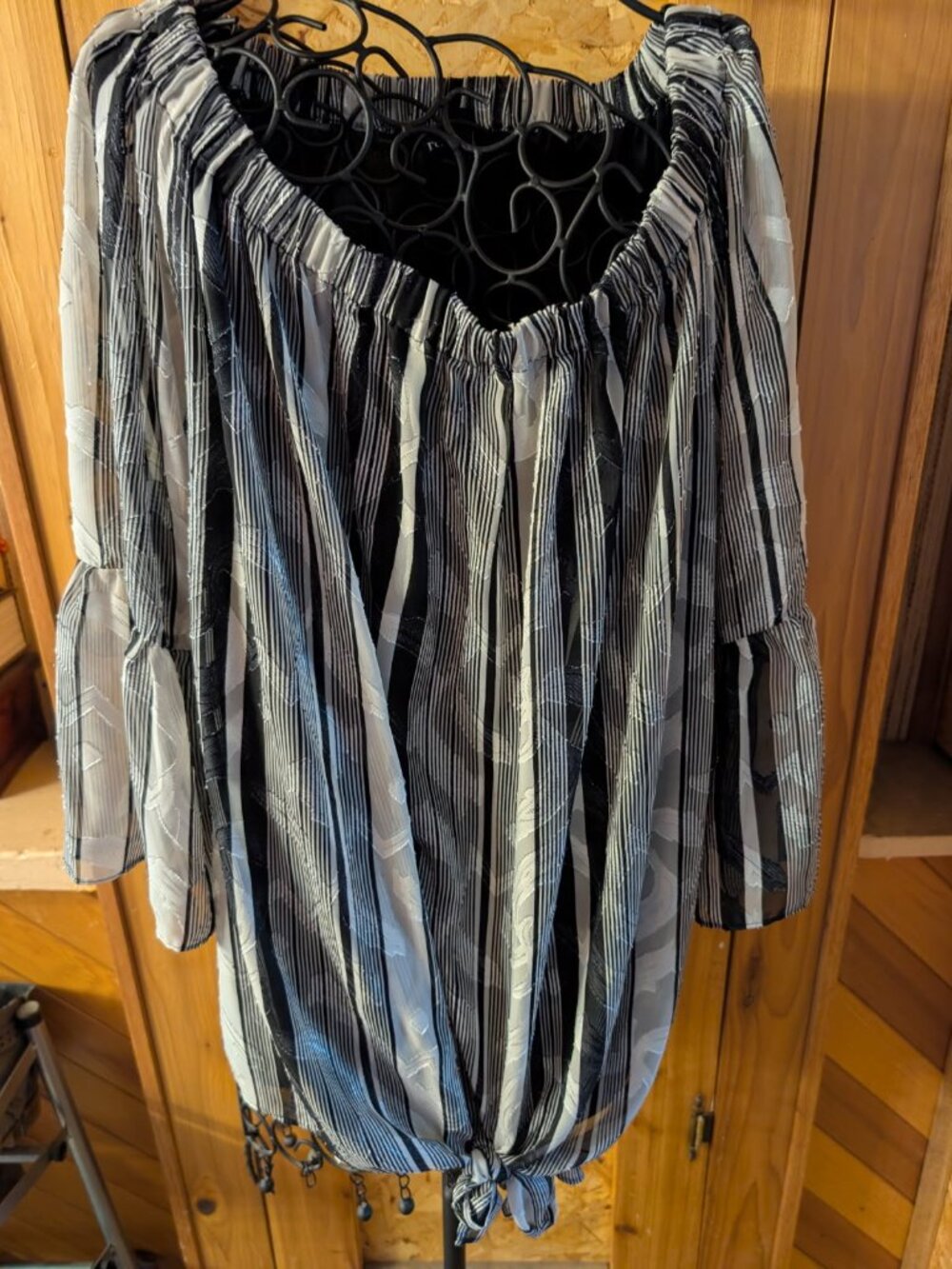 Roz & Ali Off Shoulder Blouse 3X Black Cream Striped Tie Front Boho Peasant Top
